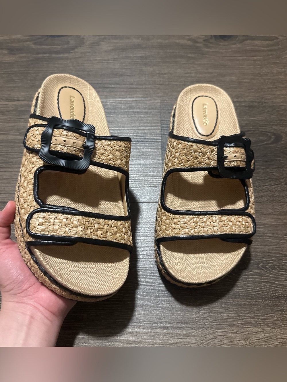 Larroude Woven Tan Slide Sandals with Black Trim and Buckles